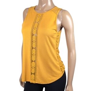 💠Dynamite Lace Spliced Tank Top Boho Mustard Sleeveless Sheer Inset